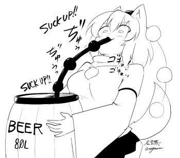 ! 1girl alcohol animal_ears barrel beer black_skirt blush breasts commentary_request detached_sleeves double-parted_bangs drinking drinking_straw english_text greyscale hair_between_eyes hat holding_barrel inubashiri_momiji large_breasts long_sleeves looking_down medium_hair mixed-language_text monochrome multilingual_text pom_pom_(clothes) shirt signature simple_background sketch skirt solo tail taurine_8000mg tokin_hat touhou twitter_username upper_body v-shaped_eyebrows white_background white_hair white_shirt wide_sleeves wolf_ears wolf_girl wolf_tail