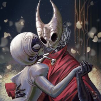 2girls breasts cloak dancing giselle57325193 highres hollow_eyes hollow_knight hollow_knight:_silksong horned_mask hornet_(hollow_knight) humanization lace_(hollow_knight) mask multiple_girls red_cloak white_mask yuri
