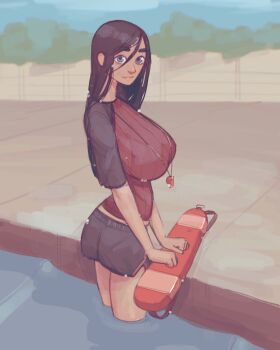 Rule 34 | 1girl, bad id, bad twitter id, bikini, bikini top only, bikini under clothes, black hair, black shorts, blue eyes, breasts, closed mouth, commentary, dolphin shorts, english commentary, highres, huge breasts, lifeguard, long hair, looking at viewer, original, outdoors, poolside, see-through clothes, see-through shirt, shirt, short shorts, short sleeves, shorts, soaphisoap, sofi (soaphisoap), solo, swimsuit, t-shirt, thick eyebrows, torpedo buoy, wading, whistle, whistle around neck