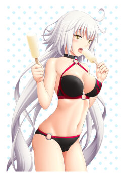 alternate_hairstyle antenna_hair blush breasts fate/grand_order fate_(series) highres icicle jeanne_d&#039;arc_alter_(swimsuit_berserker)_(fate) jeanne_d&#039;arc_(fate) jeanne_d&#039;arc_alter_(fate) jewelry large_breasts licking long_hair looking_at_viewer necklace simple_background sin-go swimsuit textless_version white_hair yellow_eyes