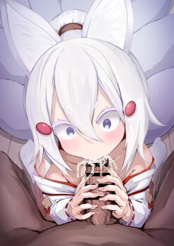 1boy 1girl animal_ears bar_censor blue_eyes blush censored cum cum_in_mouth dark-skinned_male dark_skin fellatio fox_ears fox_girl fox_tail highres kajimakoto loli lolibaba looking_at_viewer multiple_tails oral penis penis_grab phase_connect tail tenma_maemi virtual_youtuber white_hair white_tail