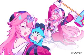 1girl animal_ears ascot bare_shoulders beret black_gloves black_hat blush breasts chattino_(raora_panthera) closed_eyes coat commentary company_name english_commentary eyeshadow gloves goggles goggles_on_head hair_intakes half_gloves hampopi hat holding holding_mallet hololive hololive_english hug jewelry large_breasts long_hair long_sleeves makeup mallet multicolored_hair open_clothes open_coat open_mouth panther_ears panther_girl panther_tail pink_coat pink_eyeshadow pink_hair raora_panthera raora_panthera_(1st_costume) shirt shorts simple_background single_glove single_half_glove smile streaked_hair tail thighhighs thighs two-tone_hair virtual_youtuber white_ascot white_background white_hair white_shirt white_shorts white_thighhighs