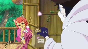 1boy 1girl animal_ears breasts brown_eyes caesar_clown colored_skin dress furry heart highres jaguar_ears jaguar_girl jaguar_girl_(one_piece) jaguar_tail large_breasts long_hair looking_at_another mink_tribe naughty_face one_piece orange_hair screencap short_dress short_hair skirt tail thick_thighs thighs yellow_skirt