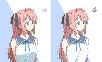 1girl absurdres black_ribbon blue_background blue_ribbon closed_mouth hair_intakes hair_ribbon highres kamiina_botan kamiina_botan_yoeru_sugata_wa_yuri_no_hana long_hair nazo_no_anime-dan neck_ribbon pink_hair ribbon shirt smile two-tone_background two_side_up white_background white_shirt