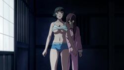 2girls animated anime_screenshot breasts brown_hair chouhi_ekitoku clothes english_text female_focus glasses grabbing_another's_breast grabbing_from_behind green_eyes groping highres ikkitousen interior long_hair looking_at_viewer medium_breasts medium_hair molestation multiple_girls night ryuubi_gentoku sound tagme video yuri