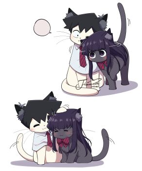 1boy 1girl absurdres animal animal_ear_fluff animalization artist_name black_eyes black_hair blush bow bowtie cat closed_eyes closed_mouth clothed_animal commentary diagonal-striped_bow diagonal-striped_bowtie diagonal-striped_clothes hair_between_eyes headpat highres j_humbo komi-san_wa_komyushou_desu komi_shouko long_hair no_mouth signature simple_background smile striped_bow striped_bowtie striped_clothes symbol-only_commentary tadano_hitohito tail tail_wagging whiskers white_background