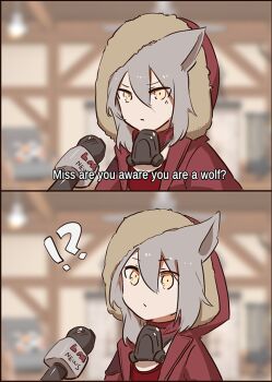 !? 1girl animal_ears arknights coat drawfag english_text fur-trimmed_coat fur_trim hood hood_up hooded_coat interview jacket meme microphone open_clothes open_jacket projekt_red_(arknights) red_coat surprised wolf_ears wolf_girl yellow_eyes