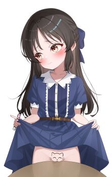 1girl absurdres against_table averting_eyes black_hair blue_bow blue_dress blush bodypaint bow brown_hair clitoris closed_mouth clothes_lift collarbone collared_dress commentary cowboy_shot do_you_want_to_pet_my_cat_(meme) dress dress_lift embarrassed fella_(vpffk0731) female_focus hair_bow half_updo highres holding holding_marker idolmaster idolmaster_cinderella_girls idolmaster_cinderella_girls_u149 lifting_own_clothes loli long_hair looking_away looking_to_the_side marker meme no_panties pussy short_sleeves simple_background skirt skirt_lift solo standing table tachibana_arisu untranslatable_commentary very_long_hair white_background yellow_eyes