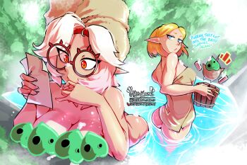 2girls absurdres ass blonde_hair blue_eyes breasts censored cleavage commentary english_commentary english_text glasses haysey highres korok large_breasts multiple_girls naked_towel nintendo novelty_censor nude paid_reward_available pointy_ears princess_zelda purah red-framed_eyewear round_eyewear short_hair the_legend_of_zelda towel towel_on_head twitter_username water watermark web_address white_hair