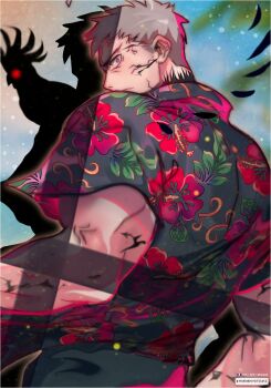 1boy absurdres alternate_costume angry back blue_sky commentary_request grey_eyes grey_hair hawaiian_shirt highres kagetsu_tooya looking_at_viewer maewenmitzuki male_focus melty_blood nrvnqsr_chaos outdoors self-upload shirt simple_background sky solo staring tsukihime type-moon vampire