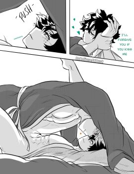 3koma abs absurdres aneclipseatdusk bakudeku bakugou_katsuki bed blush boku_no_hero_academia coat coat_only comic completely_nude curly_hair feet flexible freckles highres inminent_sex kiss leg_up legs looking_at_another lying messy_hair midoriya_izuku nude on_bed pectorals sex spiked_hair toned yaoi