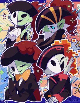 Rule 34 | +++, 1boy, apricot4, artist name, ascot, bad id, bad twitter id, bemani, beret, bicorne, black cape, black hat, black mouth, black shirt, blush, bow, bowtie, cape, colored skin, commentary request, green skin, half mask, hat, highres, hollow eyes, juliet sleeves, long sleeves, male focus, mask, multiple views, notice lines, ojou-sama pose, open mouth, orange bow, orange bowtie, plume, pop'n music, puffy sleeves, shirt, smile, sparkle, white ascot, white mask, zizz