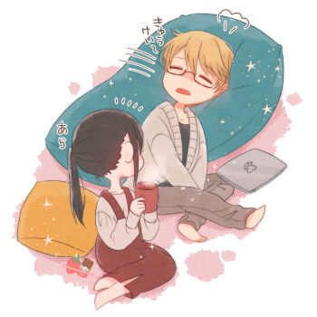 1boy 1girl blush brown_pants chocotomamenoki computer cup dress glasses holding holding_cup jacket kaguya-sama_wa_kokurasetai_~tensai-tachi_no_renai_zunousen~ laptop long_sleeves open_clothes open_jacket pants pillow pink_background ponytail red_dress semi-rimless_eyewear shinomiya_kaguya shirogane_miyuki shirt sleeping white_background white_jacket white_shirt