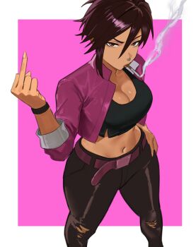 1girl belt black_pants black_shirt border breasts brown_eyes brown_hair cigarette cleavage closed_mouth crop_top cropped_jacket cropped_shirt dispatch face_piercing feet_out_of_frame hair_between_eyes hand_up highres invisigal_(dispatch) jacket large_breasts long_sleeves looking_at_viewer looking_up middle_finger midriff mugi_(mugit49) navel nose_piercing pants piercing pink_background pink_belt pink_jacket shirt short_hair simple_background smoke solo standing thighs white_border