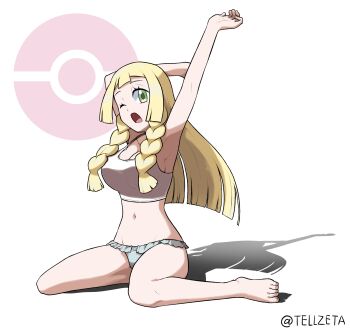 1girl ;o alternate_breast_size_(larger) alternate_costume armpits arms_up barefoot blonde_hair breasts cleavage commentary_request commission cropped_shirt eyelashes full_body green_eyes highres knees lillie_(pokemon) long_hair looking_at_viewer navel nintendo one_eye_closed open_mouth panties poke_ball_symbol pokemon pokemon_sm shirt sitting skeb_commission sleeveless sleeveless_shirt solo stretching tellzeta toes tongue underwear watermark white_background white_shirt