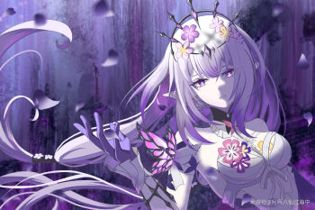 1girl absurdres bare_shoulders black_tiara breasts castorice_(honkai:_star_rail) chinese_commentary commentary_request dress falling_petals flower gloves hair_flower hair_ornament hehe_baxianguohai_zhong highres honkai:_star_rail honkai_(series) long_hair medium_breasts miyoushe_watermark petals pointy_ears purple_eyes purple_gloves purple_hair solo tiara very_long_hair watermark white_dress