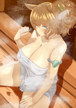 1girl absurdres animal_ears bath bathrobe blue_eyes blush breasts brown_hair closed_mouth hair_between_eyes highres horse_ears horse_girl large_breasts looking_at_viewer medium_hair naked_towel ponytail sidelocks sitting solo steam steaming_body taiki_shuttle_(umamusume) tatsu_san towel umamusume