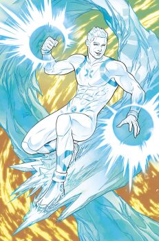 1boy abs artist_collaboration bodysuit colored_skin comic_cover commentary cryokinesis english_commentary highres ice_hair iceman_(x-men) knee_pads male_focus marvel matt_wilson muscular muscular_male no_pupils open_mouth russell_dauterman smile solo white_bodysuit white_skin x-men yellow_background
