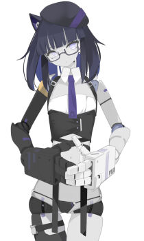 1girl animal_ears beret black_corset black_gloves black_hair black_hat black_panties black_straps black_thighhighs blue_eyes blue_necktie blunt_bangs bra cat_ears cat_girl check_clothing closed_mouth clothing_request collar commentary corset cowboy_shot dot_mouth ear_piercing elbow_gloves english_commentary glasses gloves gold_trim hat head_tilt highres indie_virtual_youtuber looking_at_viewer mechanization medium_hair nanatsuki_sousuke necktie own_hands_together panties piercing robot_girl second-party_source simple_background single_glove single_thighhigh thigh_strap thighhighs underwear virtual_youtuber white_background white_bra white_collar