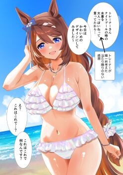 1girl absurdres alternate_costume animal_ears bikini blue_eyes blue_sky blush braid breasts brown_hair cleavage cloud cloudy_sky commentary_request cowboy_shot day frilled_bikini frills highres horse_ears horse_girl horse_tail jewelry large_breasts long_hair looking_at_viewer low-braided_long_hair low-tied_long_hair narumi_yuzurai navel necklace ocean open_mouth outdoors shell shell_necklace shiny_skin sky smile solo speech_bubble stomach super_creek_(umamusume) swimsuit tail thighs translation_request umamusume white_bikini white_hair white_streaks