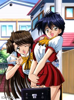 :d ;d absurdres aihara_takuya akazaki_yasuma breasts briefcase brown_hair highres holding holding_briefcase katakiri_asuka long_hair medium_breasts official_art one_eye_closed open_mouth red_skirt red_vest retro_artstyle ribbon scan short_hair skirt smile v vest x-change_(series) x-change_2 yellow_ribbon