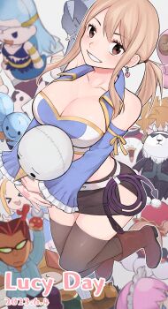 1girl black_skirt blonde_hair blue_sleeves blue_vest boots breasts brown_boots brown_eyes brown_thighhighs character_name cleavage collarbone commentary_request cropped_vest dated detached_sleeves earrings fairy_tail grin hair_tie heart heart_earrings highres hobby_0203159 hugging_doll hugging_object jewelry large_breasts looking_at_viewer lucy_heartfilia midriff open_clothes open_vest plue sidelocks skirt smile solo_focus thighhighs twintails vest whip