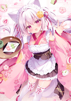 1girl :d absurdres animal_ears apron bare_shoulders black_skirt blush commentary_request commission dango detached_sleeves feet_out_of_frame flower food fox_ears fox_girl fox_tail frilled_apron frilled_skirt frills garter_straps hair_between_eyes hair_flower hair_intakes hair_ornament hair_ribbon hands_up highres holding holding_tray inari_hinano indie_virtual_youtuber japanese_clothes kimono kirimiya_tsurugi long_hair long_sleeves looking_at_viewer maid maid_headdress open_mouth pink_kimono pink_sleeves pleated_skirt red_eyes red_ribbon red_shoes ribbon ribbon-trimmed_thighhighs ribbon_trim rose sanshoku_dango shoes skeb_commission skirt sleeveless sleeveless_kimono smile solo standing tail thighhighs tray twintails wa_maid wagashi white_apron white_hair white_thighhighs wide_sleeves yellow_flower yellow_rose
