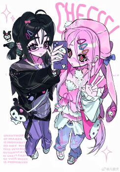 Rule 34 | 2girls, alien stage, alternate costume, animal ears, black shirt, blue pants, blush stickers, chinese commentary, commentary, commentary request, english commentary, glasses, green eyes, hair ornament, hairclip, hat, highres, holding, holding phone, kuromi, mixed-language commentary, mizi (alien stage), multiple girls, my melody, my melody (series), pants, phone, pink bag, pink hat, pink nails, pink pupils, pink shirt, puckered lips, purple eyes, rabbit ears, sanrio, shirt, single blush sticker, sua (alien stage), taowu (20809), v, valentine