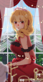 1girl absurdres blonde_hair breasts crown curly_hair curvy dress elegant female_focus flower from_behind hc_7624 highres indoors large_breasts long_hair looking_at_viewer looking_back nature pale_skin red_eyes room rose rose_bernstein shiny_clothes snk the_king_of_fighters wide_hips window
