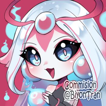 Rule 34 | 1girl, biyon tran, blue eyes, blue gem, chibi, chibi only, colored skin, commentary, commission, english commentary, gem, hitodama, league of legends, long hair, looking at viewer, nami (league of legends), open mouth, pink background, smile, solo, upper body, watermark, white skin