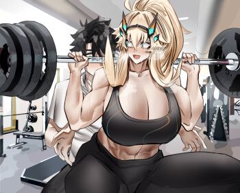 1girl abs absurdres barbell bare_shoulders barghest_(fate) ben-day_dots biceps black_hair blonde_hair blue_eyes blush breasts cleavage exercising fate/grand_order fate_(series) fujimaru_ritsuka_(male) green_eyes high_ponytail highres huge_breasts long_hair muscular muscular_female navel obazzotto open_mouth ponytail screentones short_hair sidelocks smile squat_(exercise) thick_thighs thighs weightlifting
