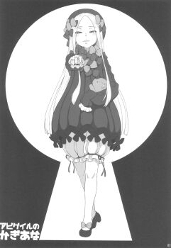 1girl abigail_williams_(fate) abigail_williams_(first_ascension)_(fate) absurdres bloomers blush bow dress fate/grand_order fate_(series) full_body greyscale hair_bow hat highres keyhole minazuki_tsuyuha monochrome multiple_hair_bows parted_lips pointing pointing_at_viewer scan smile solo stuffed_animal stuffed_toy teddy_bear underwear