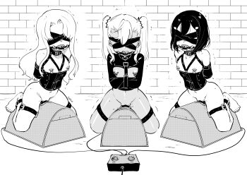 3girls arm_binder armbinder arms_behind_back ball_gag bdsm black_hair blindfold bondage bound bound_ankles bound_arms bound_legs chloe_von_einzbern collar commentary commission dark-skinned_female dark_skin dildo dildo_riding english_commentary eudetenis fate/grand_order fate_(series) female_focus flat_chest forced_orgasm frogtie gag gagged greyscale harness highres illyasviel_von_einzbern loli long_hair miyu_edelfelt monochrome multiple_girls nipple_piercing nipples object_insertion orgasm piercing pussy_juice restrained riding_machine second-party_source separated_legs sex_machine sex_toy short_hair slave straddling straitjacket sybian vaginal vaginal_object_insertion variant_set wiffle_gag