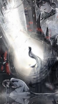 Rule 34 | 1boy, ayn alwyn, ayn alwyn (mist city), black cape, black shirt, black shoes, cable, cape, castle, chinese commentary, circlet, commentary request, covered eyes, crying, crying with eyes open, diamond earrings, earrings, from above, from side, full body, fur cape, gate, gem, hair between eyes, hair over eyes, hand on own chest, head down, highres, holographic interface, indoors, jacket, jewelry, long sleeves, looking ahead, lovebrush chronicles, medium hair, multiple views, open mouth, pants, ponytail, profile, red eyes, red gemstone, reflection, reflective floor, seiza, shirt, shoes, short ponytail, side cape, sitting, solo, standing, sunlight, tears, thigh strap, thorns, train (clothing), turtleneck, turtleneck shirt, white jacket, white pants, wo shi baitao zong