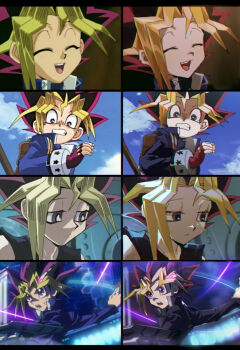1boy anime_screenshot backpack bag bare_shoulders black_hair blonde_hair card closed_eyes collage derivative_work duel_disk colored_bangs gloves holding holding_card jap_soko long_hair male_focus multicolored_hair muto_yugi open_mouth purple_eyes purple_hair reference_work sad school_uniform screenshot_redraw smile spiked_hair surprised yu-gi-oh! yu-gi-oh!_duel_monsters yu-gi-oh!_r