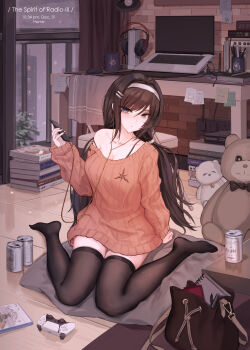1girl alarm_clock asahi_breweries bag beer_can black_bag black_thighhighs blue_eyes book book_stack bra_strap breasts brick_wall brown_hair can cellphone clock coffee_mug commentary_request computer computer_mouse controller cup curtains drink_can earphones english_text game_controller hair_ornament hairband hairclip headphones highres holding holding_phone indoors laptop long_hair long_sleeves looking_at_viewer low_twintails medium_breasts mixed-language_commentary mug night notebook on_pillow open_bag orange_sweater original parallel_hairclips parted_lips partial_commentary pen phone single_off_shoulder sitting sitting_on_pillow smartphone snowing solo sticky_note strap_slip stuffed_animal stuffed_toy sweater teddy_bear thighhighs twintails unworn_headphones very_long_hair video_game wariza white_hairband window yuzuriha_(atelier_liang)