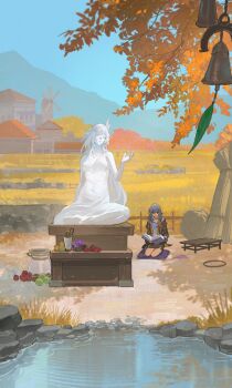 Rule 34 | 1girl, absurdres, bell, black coat, black skirt, blue sky, book, coat, cyrene (demiurge) (honkai: star rail), cyrene (honkai: star rail), food, fruit, grey hair, hashtag-only commentary, highres, holding, holding book, honkai: star rail, honkai (series), jar, kiraandfriends, medium hair, open book, outdoors, scenery, seiza, shirt, sitting, skirt, sky, solo, statue, stelle (honkai: star rail), trailblazer (honkai: star rail), wheat, wheat field, white shirt, windmill