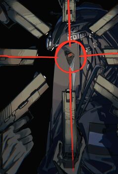 6+boys at_gunpoint black_gloves black_jacket call_of_duty combat_helmet commentary dark_background english_commentary gloves gun handgun helmet highres jacket konig_(call_of_duty) ktsnartemis looking_at_viewer male_focus masked multiple_boys multiple_weapons overlighting red_eyes solo_focus surrounded_by_guns target upper_body weapon