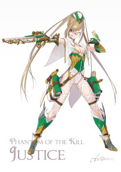 1girl :p absurdres aiming armor asymmetrical_bangs bird blonde_hair breasts capelet character_name cleavage cleavage_cutout clothing_cutout copyright_name gauntlets glasses greaves green_eyes gun hat highres holding holding_gun holding_weapon leotard map_(object) nail_polish okazu-p_(kushino-okazu) one_eye_closed original parakeet perching phantom_of_the_kill pince-nez ponytail pouch rifle scope signature single_gauntlet solo telescope thigh_pouch thigh_strap tongue tongue_out weapon white_background