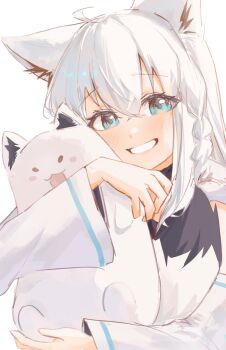 1girl ahoge animal_ear_fluff animal_ears aqua_eyes blush braid chocomint24801 commentary commentary_request detached_sleeves english_commentary familiar fox_ears fox_girl fox_tail fubuzilla_(shirakami_fubuki) grin hair_between_eyes highres hololive hug long_hair long_sleeves looking_at_viewer partial_commentary shirakami_fubuki shirakami_fubuki_(1st_costume) side_braid sidelocks simple_background single_braid smile tail upper_body virtual_youtuber white_background white_hair