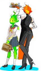 1girl 1other bag bag_charm black_footwear bookbag briefcase burger charm_(object) colored_skin cup ficklerabbit food french_fries fuku_fire green_skin grillby high_heels holding holding_tray long_sleeves orange_skin school_briefcase school_uniform serafuku sketch socks standing tray undertale utdr_(toby_fox) waiter water white_legwear