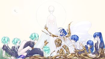 6+others age_progression androgynous aqua_hair ascot bald black_necktie blue_eyes blue_hair blunt_bangs bored bowl_cut cracked_skin crying crystal_hair curious dandelion_seed facing_viewer gem_uniform_(houseki_no_kuni) golden_arms grass halo head_rest highres hole_in_head houseki_no_kuni hunched_over liquid looking_at_another lying moon_uniform_(houseki_no_kuni) multiple_others multiple_persona necktie nogarenano on_ground on_stomach other_focus outstretched_arm parted_hair phosphophyllite phosphophyllite_(10000) phosphophyllite_(ll) ponytail profile puffy_short_sleeves puffy_sleeves reaching reclining see-through_clothes see-through_sleeves short_hair short_sleeves simple_background sitting sparkle spoilers standing straight_hair surprised torn_clothes white_ascot white_background wide_sleeves
