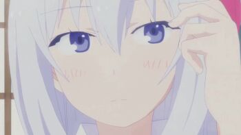 1boy 1girl alternate_hairstyle animated averting_eyes blue_eyes blush braid braided_ponytail brown_hair close-up closed_eyes flustered grey_hair hair_pulled_back half-closed_eyes highres japanese_clothes kidou_eita kimono kissing_cheek legs long_hair natsukawa_masuzu ore_no_kanojo_to_osananajimi_ga_shuraba_sugiru pants ponytail school_uniform short_hair thighs video