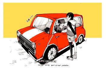 03_kyv 1boy 1girl ^_^ arms_behind_back belle_(zenless_zone_zero) black_gloves black_hair black_shirt black_thighhighs car closed_eyes full_body gloves highres jacket lighter_(zenless_zone_zero) looking_at_another motor_vehicle on_car open_clothes open_jacket red_car shirt short_hair single_thighhigh smile sunglasses thighhighs zenless_zone_zero