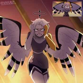 1girl angel angel_wings artist_name belt black_halo black_leggings black_wings blood blood_splatter bob_cut boots bracelet clenched_hands clenched_teeth commentary crying crying_with_eyes_open dirty dirty_clothes dress elbow_gloves english_commentary eyelashes feathered_wings furrowed_brow gloves golden_arms grey_dress grimace halo hands_on_own_head hazbin_hotel hellaverse highres jewelry leaning_forward leggings lute_(hazbin_hotel) parted_bangs reference_inset short_hair signature single_glove slit_pupils solo tears teeth thigh_boots twitter_username two-tone_wings vivamik walking white_belt white_boots white_gloves white_hair white_wings wings yellow_eyes