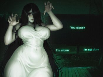 1girl against_fourth_wall black_hair bootybear breasts cleavage dark dialogue_box dialogue_options dress english_text game_screenshot_background gameplay_mechanics ghost_girl green_theme hair_over_one_eye highres large_breasts long_hair looking_at_viewer night no_i&#039;m_not_a_human parody porch pov_peephole screenshot_background solo the_ring very_long_hair white_dress wooden_porch yamamura_sadako