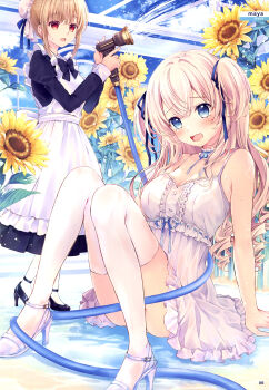 2girls absurdres apron arm_out_of_frame armpit_crease artist_name black_bow black_bowtie blonde_hair blue_eyes blue_ribbon blush bow bowtie breasts bun_cover cleavage collar collarbone dengeki_moeoh dress fallen_down flower frilled_collar frilled_dress frills greenhouse hair_bun hair_ribbon high_heels highres holding holding_hose hose indoors juliet_sleeves knees_together_feet_apart knees_up long_hair long_sleeves looking_at_another looking_at_viewer magazine_scan maid maid_apron maya_(tirolpop) medium_breasts multiple_girls neck_ribbon on_floor open_mouth original page_number puffy_sleeves raised_inner_eyebrows red_eyes ribbon scan sidelocks single_hair_bun sleeveless sleeveless_dress spaghetti_strap standing strappy_heels sunflower sweatdrop tearing_up thighhighs third-party_source two_side_up water wet white_apron white_dress white_thighhighs