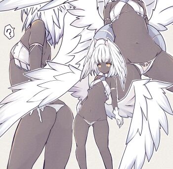 Rule 34 | 1girl, ?, ass, brown eyes, close-up, closed mouth, commentary request, dark-skinned female, dark skin, expressionless, eyebrows hidden by hair, flat chest, from behind, from side, full body, groin, harpy, hat, head wings, highres, hisui (syarute), looking at viewer, low wings, maid, medium hair, micro bra, micro panties, monster girl, navel, original, panties, spoken question mark, stomach, underwear, white hair, white hat, wings