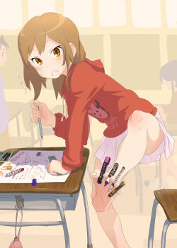 1girl barefoot between_toes brown_eyes brown_hair censored clenched_teeth convenient_censoring convenient_leg desk drawing_(action) feet female_focus highres holding_with_feet hood hoodie kyoudyu legs marker markers miniskirt original pencil pencil_sharpener pleated_skirt ruler short_hair skirt soles solo sweatdrop sweater teeth toes white_skirt writing