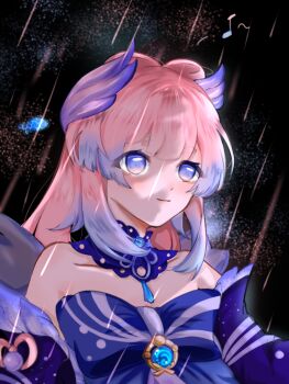 Rule 34 | 1girl, bare shoulders, black background, blue bow, blue eyes, blue hair, bow, chinese commentary, commentary request, genshin impact, gradient hair, highres, long hair, multicolored hair, noeip, pink hair, rain, sangonomiya kokomi, solo, upper body